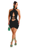 Summer Black Hollow Out Bandage Halter Mini Sexy Bodycon Dress