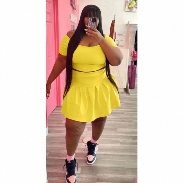 Yellow Plus Size Casual Solid Basic Short Sleeve Pleated Skirt Two Pieces