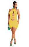 Summer Yellow Hollow Out Bandage Halter Mini Sexy Bodycon Dress