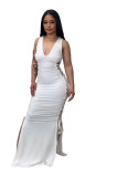 Sexy Solid Bandage Hollowed Out Split Joint Slit V Neck Sleeveless Straight Dresses