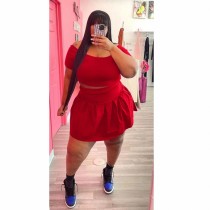 Red Plus Size Casual Solid Basic Short Sleeve Pleated Skirt Two Pieces