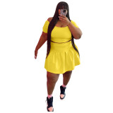 Yellow Plus Size Casual Solid Basic Short Sleeve Pleated Skirt Two Pieces