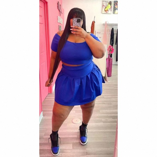 Blue Plus Size Casual Solid Basic Short Sleeve Pleated Skirt Two Pieces