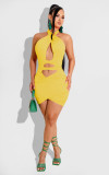 Summer Yellow Hollow Out Bandage Halter Mini Sexy Bodycon Dress