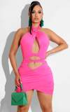 Summer Rose Hollow Out Bandage Halter Mini Sexy Bodycon Dress