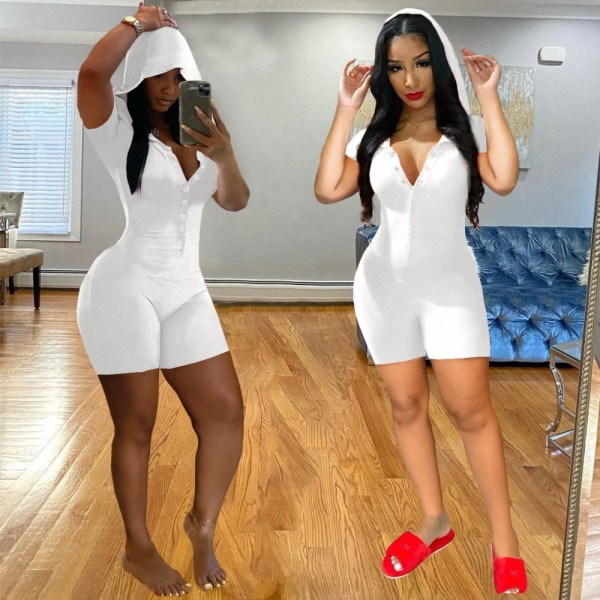 Solid Color White Single Breasted Short Sleeve Hooded Playsuits