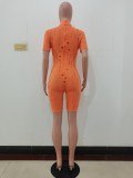 Fashion Casual Orange Zipper Knitted High Neck Ripped Short Sleeve Rompers