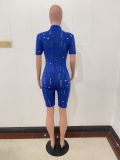 Fashion Casual Blue Zipper Knitted High Neck Ripped Short Sleeve Rompers