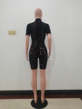 Fashion Casual Black Zipper Knitted High Neck Ripped Short Sleeve Rompers