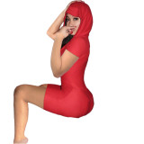 Solid Color Red Single Breasted Short Sleeve Hooded Playsuits