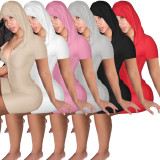 Solid Color Khaki Single Breasted Short Sleeve Hooded Playsuits