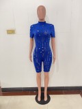 Fashion Casual Blue Zipper Knitted High Neck Ripped Short Sleeve Rompers