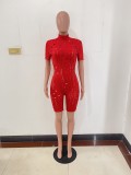 Fashion Casual Red Zipper Knitted High Neck Ripped Short Sleeve Rompers