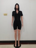 Solid Color Black Single Breasted Short Sleeve Hooded Playsuits