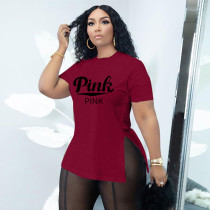 Summer Women's Wine Red Short Sleeve Printed Plus Size T-Shirt