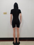 Solid Color Black Single Breasted Short Sleeve Hooded Playsuits