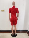 Fashion Casual Red Zipper Knitted High Neck Ripped Short Sleeve Rompers