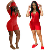 Solid Color Red Single Breasted Short Sleeve Hooded Playsuits