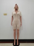 Solid Color Khaki Single Breasted Short Sleeve Hooded Playsuits