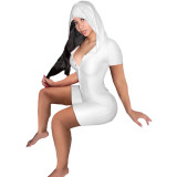 Solid Color White Single Breasted Short Sleeve Hooded Playsuits
