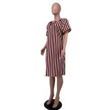 Plus Size Dark Brown Women's Striped V Neck Midi Dress