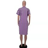Plus Size Purple Women's Striped V Neck Midi Dress