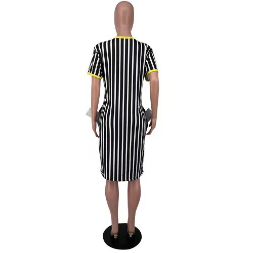 Plus Size Black Women's Striped V Neck Midi Dress