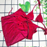 Sexy Red Korean Velvet Soft Bra Set Three Piece Skirt Set