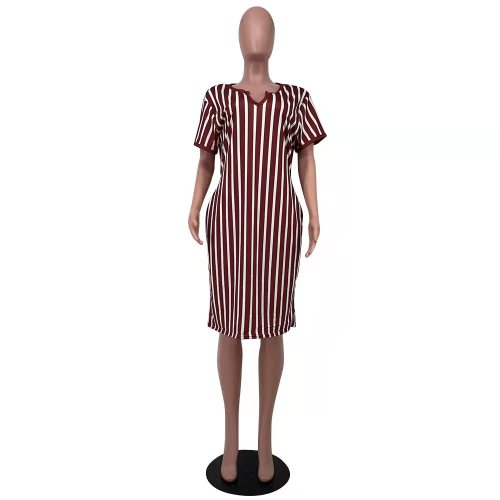 Plus Size Dark Brown Women's Striped V Neck Midi Dress