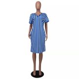 Plus Size Light Blue Women's Striped V Neck Midi Dress