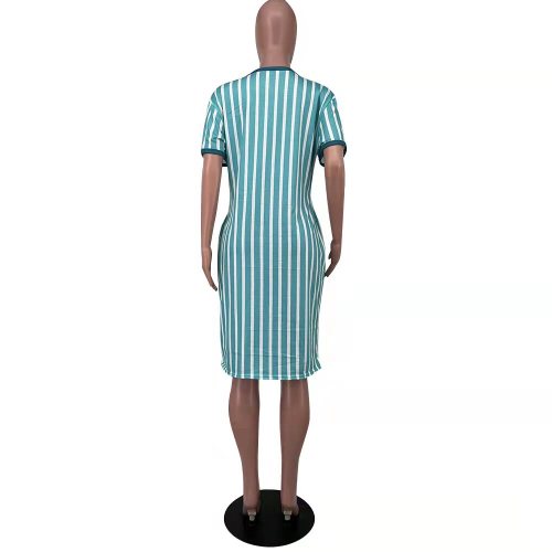 Plus Size Green Women's Striped V Neck Midi Dress