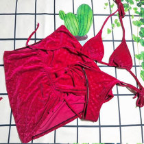Sexy Red Korean Velvet Soft Bra Set Three Piece Skirt Set