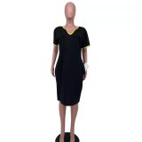 Summer Solid Color Black V Neck Women's Midi Dress