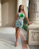 Wholesale Pale Green Print Halter Backless Pleated Skirt Set 2 Piece
