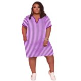 Plus Size Purple Women's Striped V Neck Midi Dress