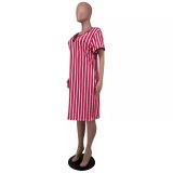 Plus Size Rose Women's Striped V Neck Midi Dress