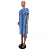 Plus Size Light Blue Women's Striped V Neck Midi Dress