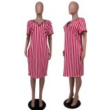 Plus Size Rose Women's Striped V Neck Midi Dress