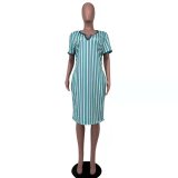 Plus Size Green Women's Striped V Neck Midi Dress