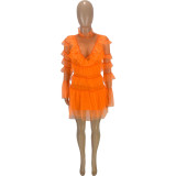 Casual Orange Mesh Stitching Long Sleeve Two Piece Dress