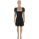 Casual Solid Color Black Puff Sleeves Nightclub Pleated Dress