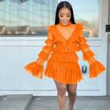 Casual Orange Mesh Stitching Long Sleeve Two Piece Dress