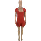 Casual Solid Color Red Puff Sleeves Nightclub Pleated Dress
