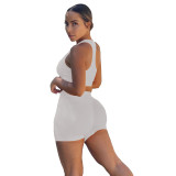 Solid White Sports Tank Top Ruched Shorts Two Piece Sets for Women