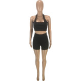 Solid Black Sports Tank Top Ruched Shorts Two Piece Sets for Women