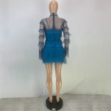 Casual Blue Mesh Stitching Long Sleeve Two Piece Dress