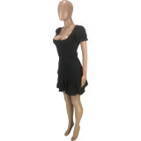 Casual Solid Color Black Puff Sleeves Nightclub Pleated Dress