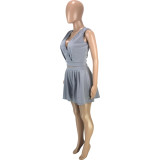 Casual Solid Grey Split Joint Fold V Neck Sleeveless Vest Two Pieces Pleated Shorts