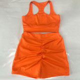 Solid Orange Sports Tank Top Ruched Shorts Two Piece Sets for Women