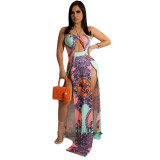 Summer Slit Printed Sexy Halter Maxi Dresses
